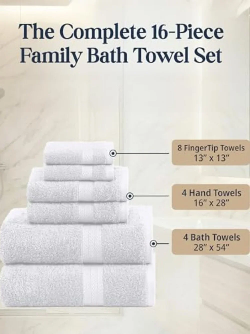 Soft Absorbent 100% Cotton Bath Towel Set - 16 Piece Linen Collection, White